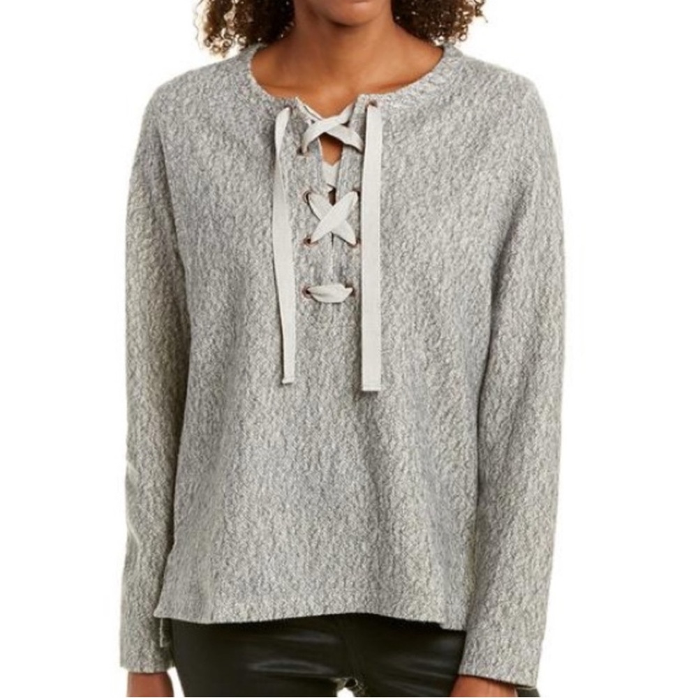 Lilla P Lace-Up V-Neck Pullover Sweater; Heather Gray - Womens Small